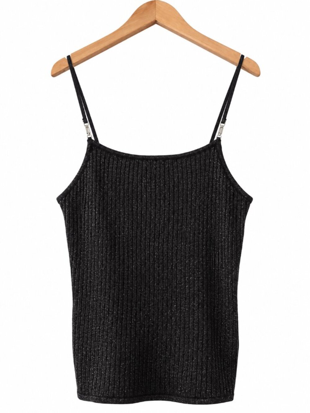 Zara Black Metallic Ribbed Knit Cami Tank Top Silver Strap Details Minimalist XL